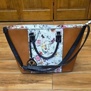 Marco Floral Print Cognac Brown Shoulder Tote Bag Satchel